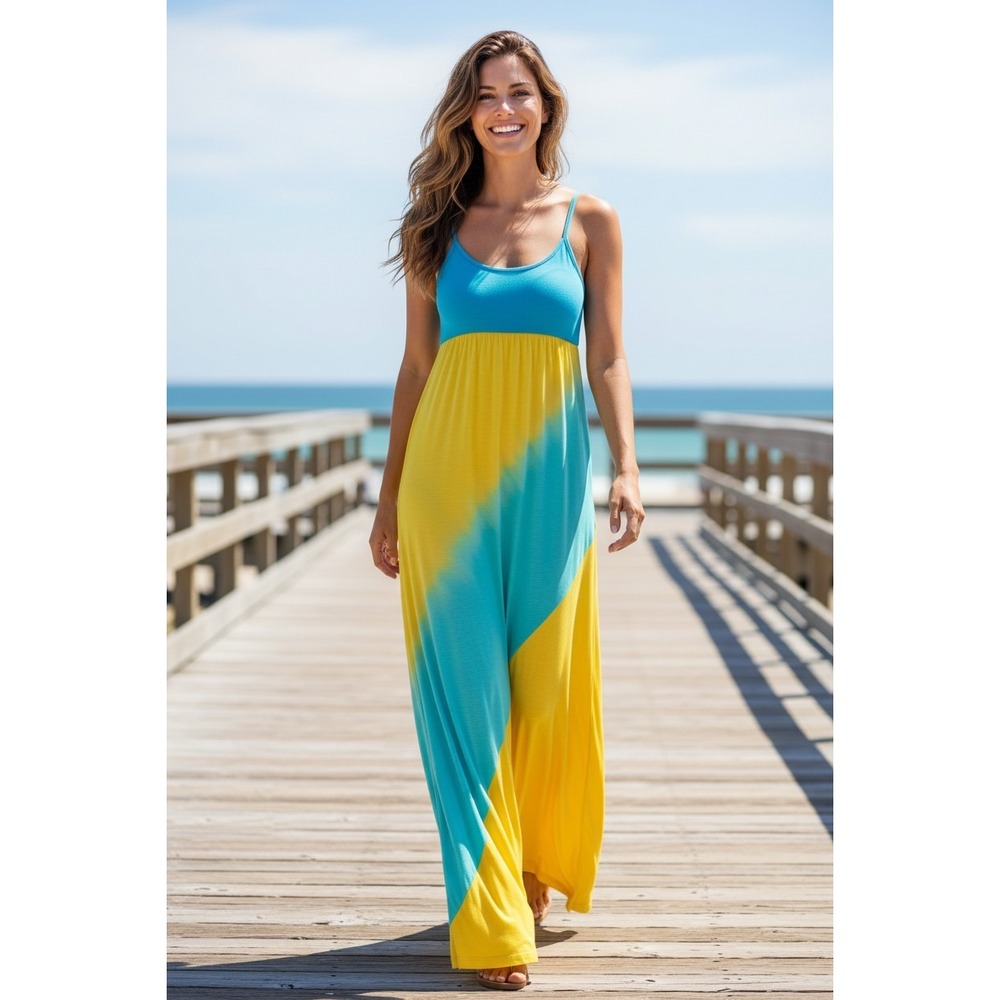 Armani Exchange Colorblock Modal Maxi Dress Yellow Turquoise Smocked Waist Small